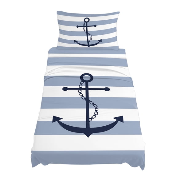 Twin Size Nautical Anchor Sheet Sets Sky Blue and White Striped Soft Breathable Microfiber Bed Sheets Deep Pockets 4 Piece Bed Sheets Set, 1 Fitted Sheet, 1 Flat Sheet & 1 Pillowcases