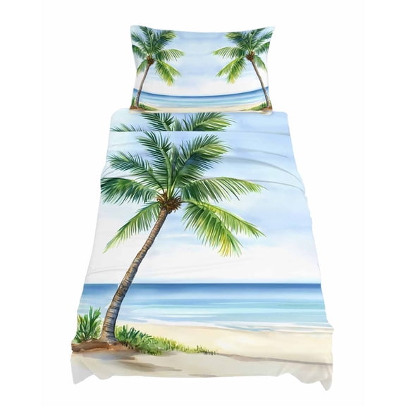 Twin Size Ocean Beach Palm Tree Sheet Sets Summer Tropical Island Decor Seaside Soft Breathable Microfiber Bed Sheets Deep Pockets 4 Piece Bed Sheets Set, 1 Fitted Sheet, 1 Flat Sheet & 1 Pillowcases