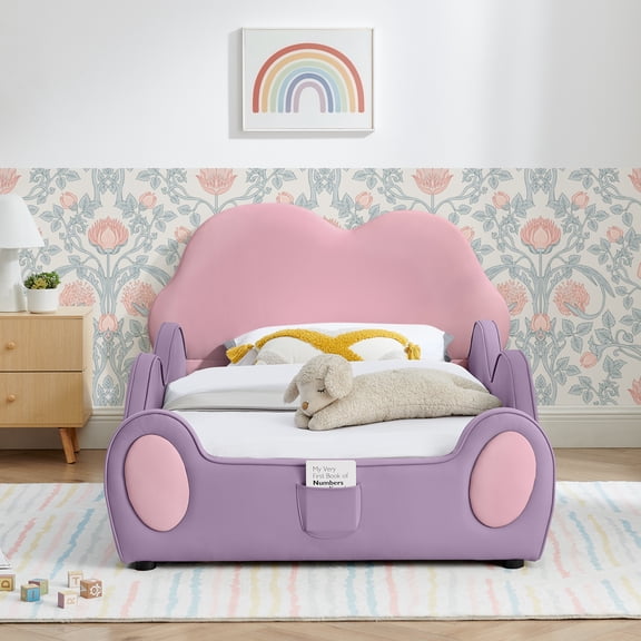 Twin Size PU Leather Bed with Cloud Shape, Safety Guardrails and Storage Pocket, Purple & Pink