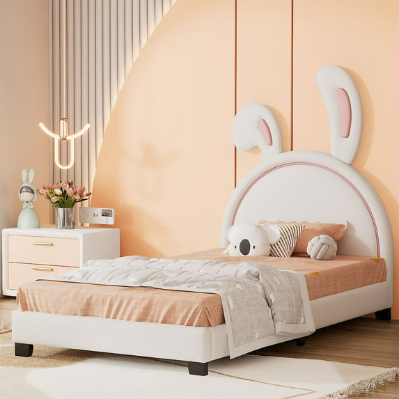Twin Size PU Leather Platform Bed with Bunny Ears Headboard,Upholstered Bed Frame with Rabbit Ornament with Wood Slat Support,Easy Assembly,White