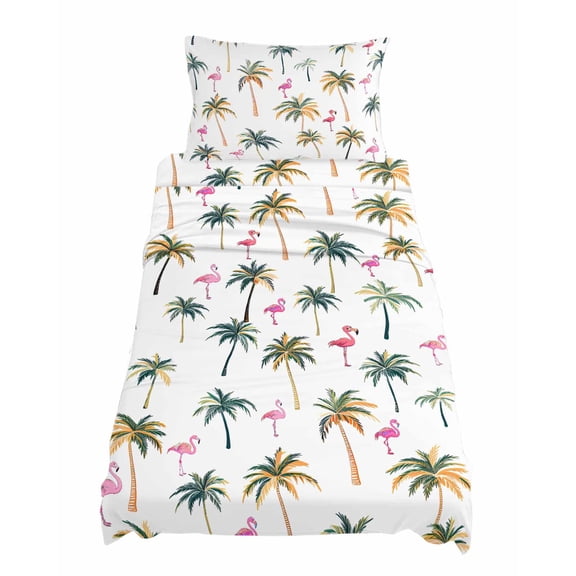 Twin Size Palm Trees Sheet Sets Pink Flamingo Summer Tropical Plant Animal Soft Breathable Microfiber Bed Sheets Deep Pockets 4 Piece Bed Sheets Set, 1 Fitted Sheet, 1 Flat Sheet & 1 Pillowcases