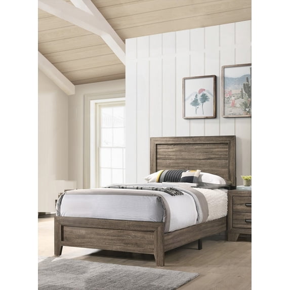 Twin Size Panel Bed in Grey Finish Fabric, Contemporary Wooden Bedroom Furniture