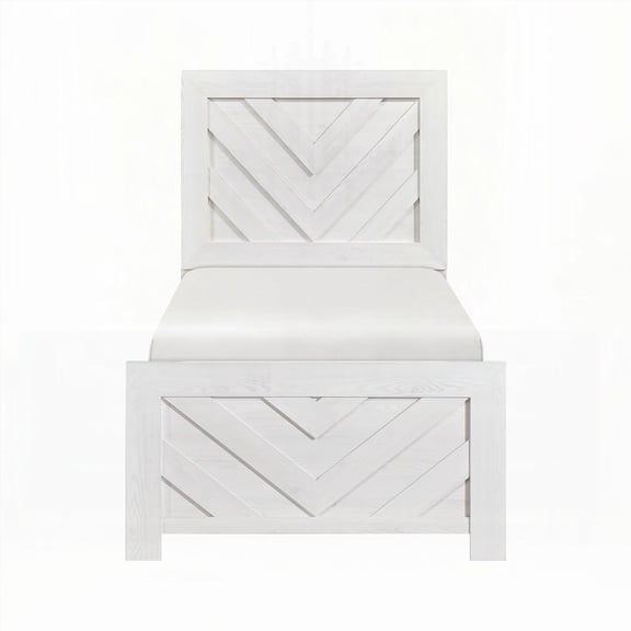 Twin Size Panel Bed with White Finish and V-Pattern, Wooden Bedroom Furniture 1pc