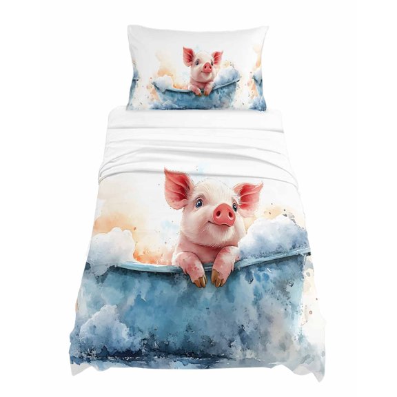 Twin Size Pig Bathing Sheet Sets in The Bathtub Soft Breathable Microfiber Bed Sheets Deep Pockets 4 Piece Bed Sheets Set, 1 Fitted Sheet, 1 Flat Sheet & 1 Pillowcases