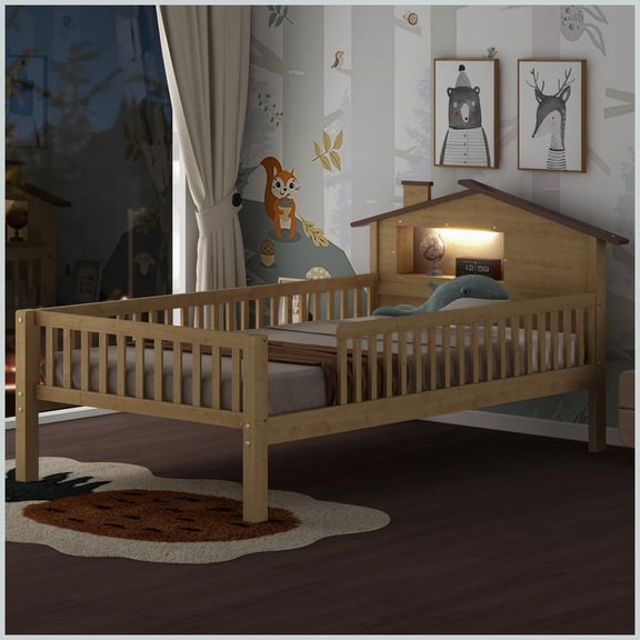 Twin Size Pine & MDF Platform Bed with House Headboard, LED & Storage, Natural – No Box Spring Needed