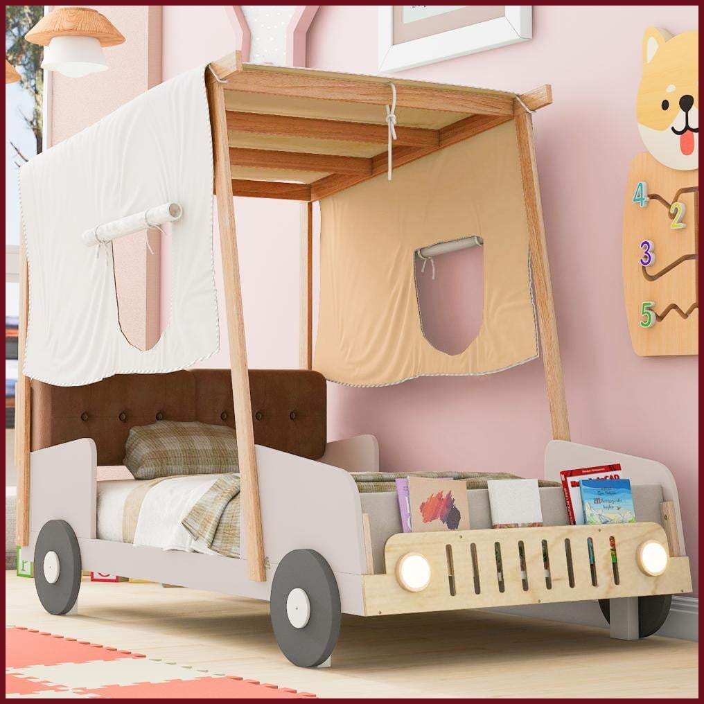 Twin Size Pine Wood Car Platform Bed with LED Lights Pillow Ceiling Cloth - No Box Spring Needed - Natural for Youth Bedroom