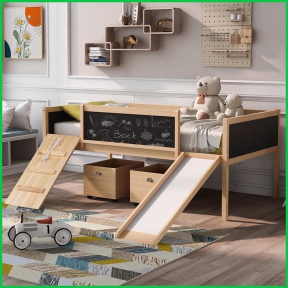 Twin Size Pine Wood Loft Bed with Climbing Frame Slide & 2 Storage Boxes - Natural