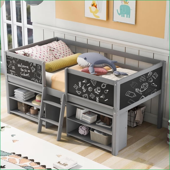 Twin Size Pine Wood Low Loft Bed with Movable Shelves, Chalkboard Guardrail No Box Spring Needed, Gray