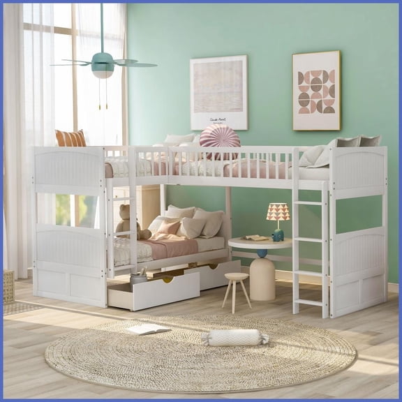 Twin Size Pine Wood & MDF Bunk Bed with Loft & 2 Drawers White for Guest Rooms/Cottages
