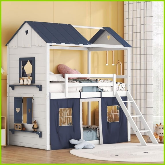 Twin Size Pine Wood & MDF Bunk House Bed with Windows, Sills & Tent, Blue+White - No Box Spring Needed