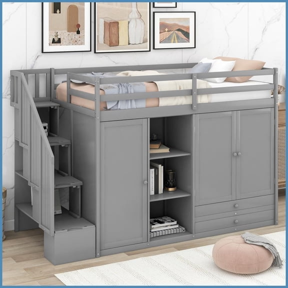 Twin Size Pine Wood & MDF Loft Storage Bed Frame - Gray, No Box Spring Needed