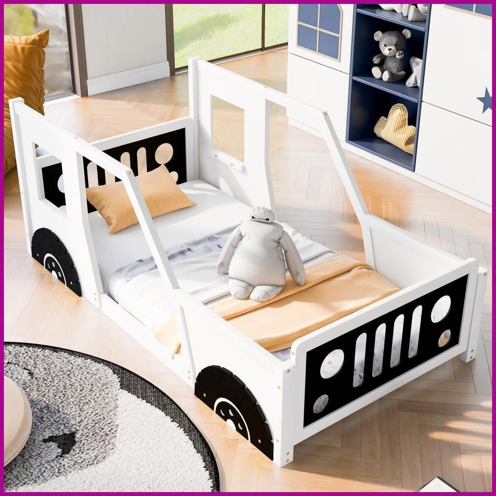 Twin Size Pine Wood & MDF Platform Bed - Classic Car Shape with Wheels, No Box Spring Needed, White