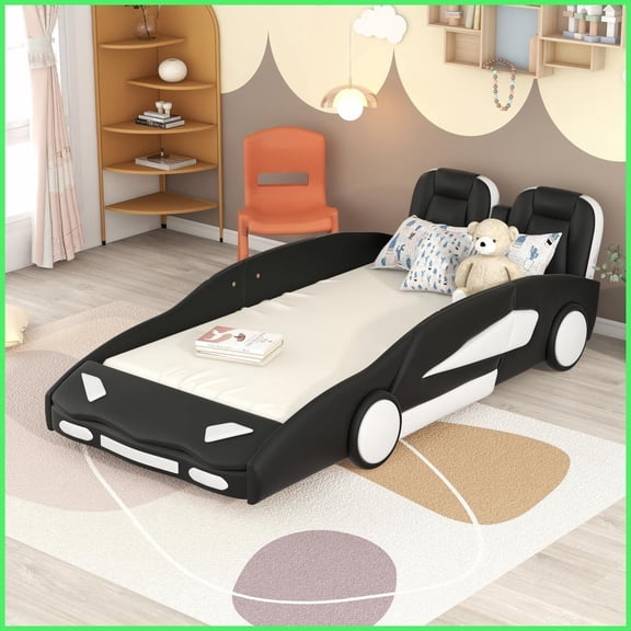 Twin Size Pine Wood Platform Bed Frame, Race Car Design with Wheels, No Box Spring Needed, Black