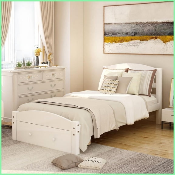 Twin Size Pine Wood Platform Bed Frame with Storage Drawer - No Box Spring Needed - White