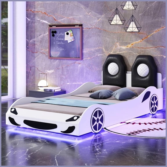 Twin Size Pine Wood Platform Bed, Race Car Design with LED Lights & Upholstered Backrest, White - No Box Spring Needed