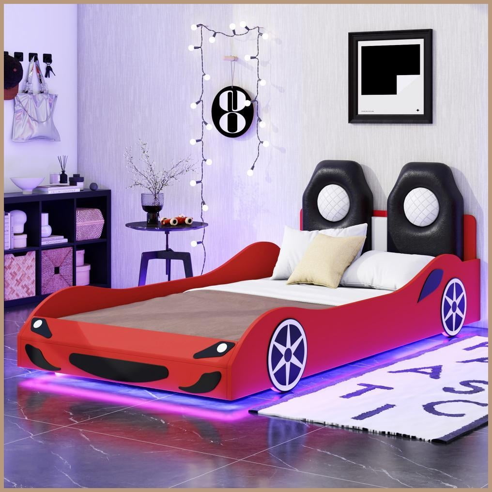 Twin Size Pine Wood Platform Bed, Race Car Shape with LED & Upholstered Backrest, Red - No Box Spring Needed