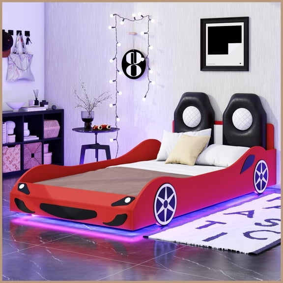 Twin Size Pine Wood Platform Bed, Race Car Shape with LED & Upholstered Backrest, Red - No Box Spring Needed