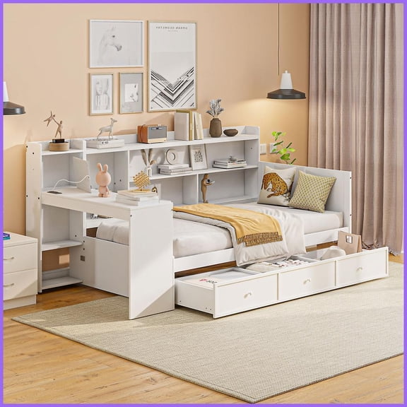 Twin Size Pine Wood Storage Daybed with Integrated Desk & USB Ports, No Box Spring Needed, White – Perfect for Small Spaces