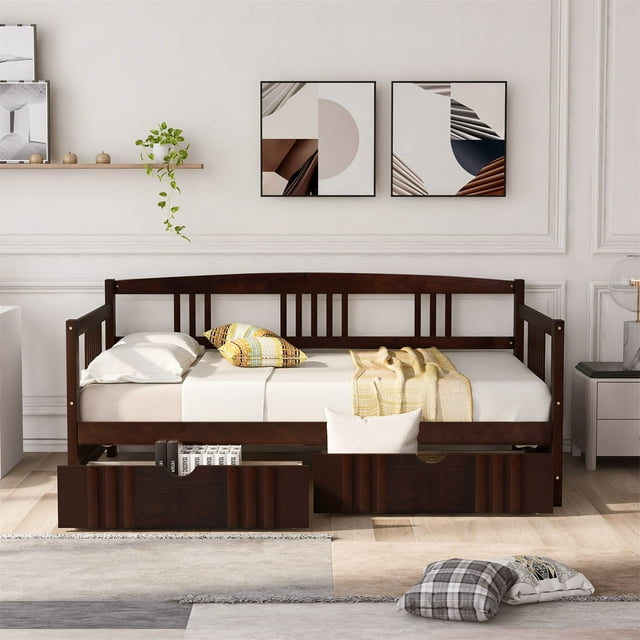 Twin Size Pinewood Daybed Sofa Bed with Two Pull Out Storage Drawers,Space-Saving Daybed with Guardrails 10 Wooden Slats Support for Living Room Bedroom Kids Adults,No Box Spring Needed,Espresso