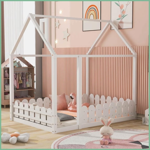 Twin Size Pinewood House Loft Bed Frame with Fence, No Box Spring Needed, White