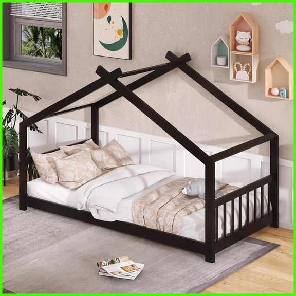 Twin Size Pinewood House Platform Bed Frame, Espresso - No Box Spring Needed, 250lbs Capacity