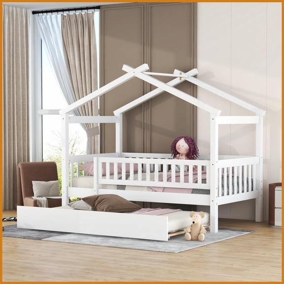 Twin Size Pinewood House-Shape Platform Bed with Twin Trundle, White – Space-Saving Solution for Small Rooms