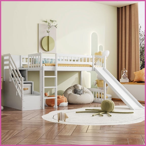 Twin Size Pinewood Loft Bed with Storage Drawers & Slide, White  No Box Spring Required