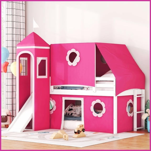 Twin Size Pinewood & MDF Loft Bed with Slide Tent Tower - Pink | No Box Spring Needed