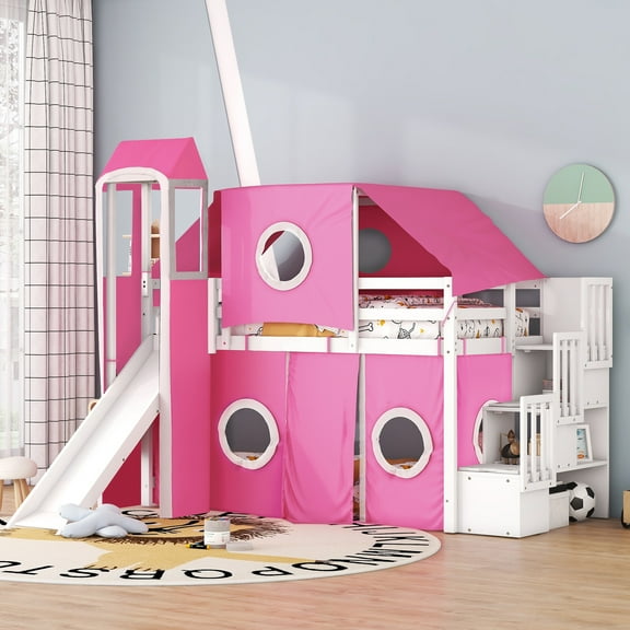 Twin Size Pink Loft Bed with Tent & Tower - Solid Pinewood & MDF Playhouse Bed with Spacious Under-Bed Play Area & Storage, 94.6"L x 84"W x 78.9"H