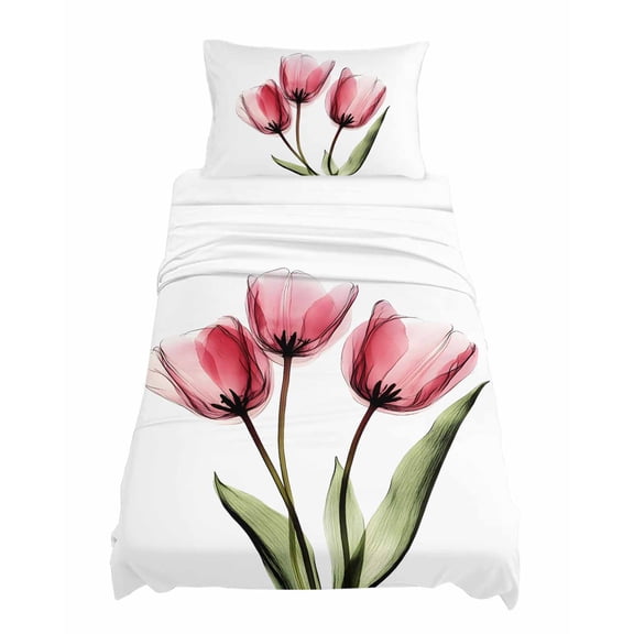 Twin Size Pink Tulip Sheet Sets X-ray Image Flower Abstract Transparent Floral Soft Breathable Microfiber Bed Sheets Deep Pockets 4 Piece Bed Sheets Set, 1 Fitted Sheet, 1 Flat Sheet & 1 Pillowcases
