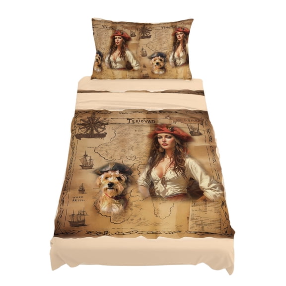 Twin Size Pirate Girl Sheet Sets Cute Dog Treasure Map Soft Breathable Microfiber Bed Sheets Deep Pockets 4 Piece Bed Sheets Set, 1 Fitted Sheet, 1 Flat Sheet & 1 Pillowcases