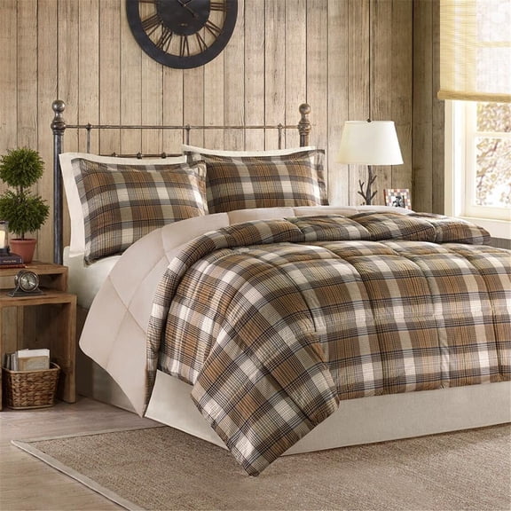 Twin Size Plaid Microfiber Comforter Set, Down Alternative Quilted Bedding with 2 Shams, Hypoallergenic & Machine Washable