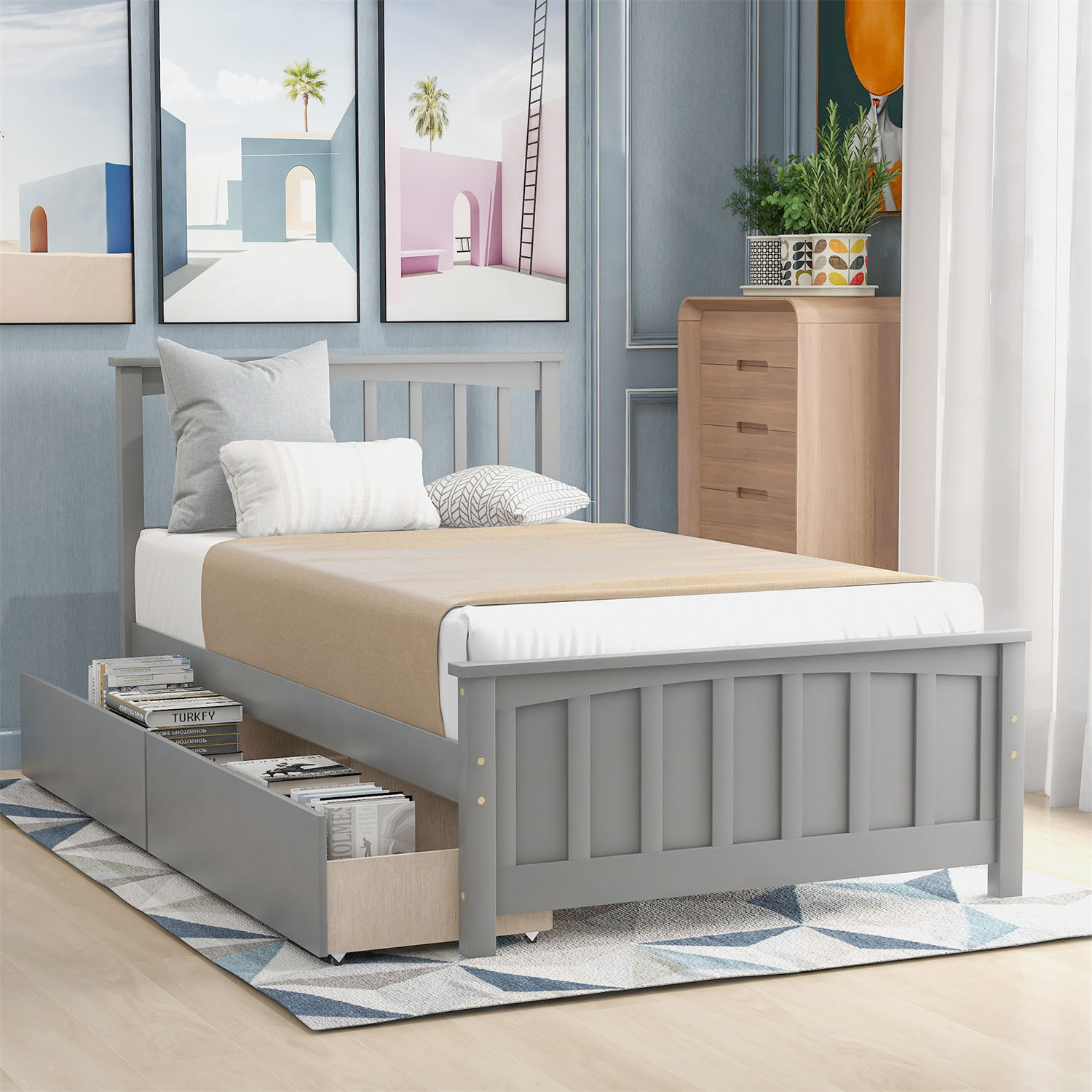 Twin Size Platform Bed with 2 Drawers, Classic Solid Wood Bed Frame with Headboard and Under-Bed Storage Space, for Kids Teens Adults Bedroom Furniture, No Box Spring Need, Grey - image 1 of 6