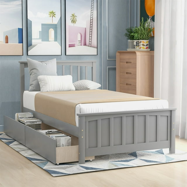 Twin Size Platform Bed with 2 Drawers, Classic Solid Wood Bed Frame with Headboard and Under-Bed Storage Space, for Kids Teens Adults Bedroom Furniture, No Box Spring Need, Grey