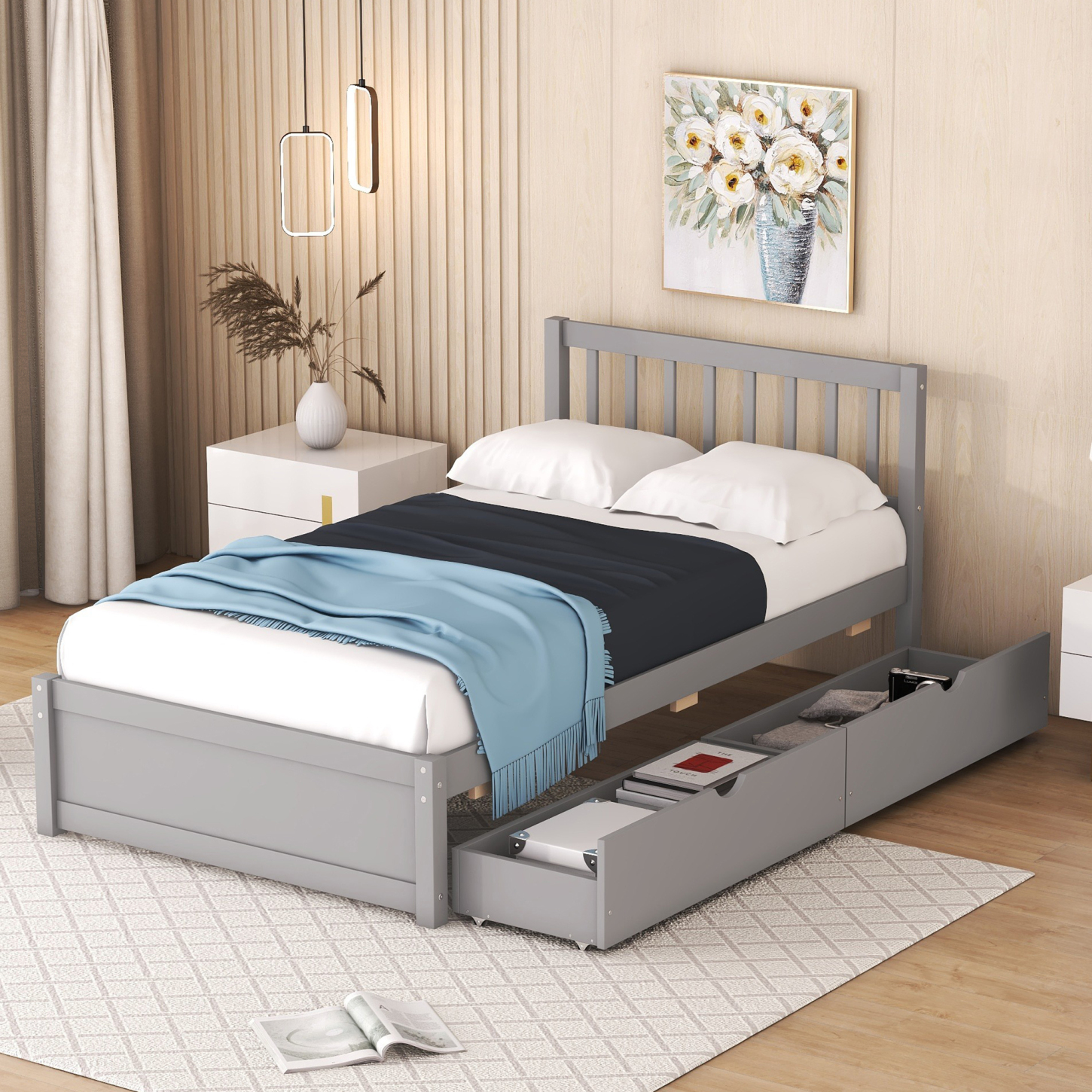 Twin Size Platform Bed with 2 Drawers Grey Finish Modern Wooden