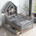 thumbnail image 1 of Twin Size Platform Bed with 2 Drawers, Solid Wood Platform Bed Frame with Fence Guardrails and House-shaped Headboard Bookshelves for Teens Boys and Girls,Gray, 1 of 7