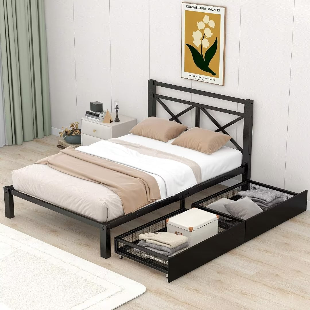 Metal bed frame on sale with storage drawers