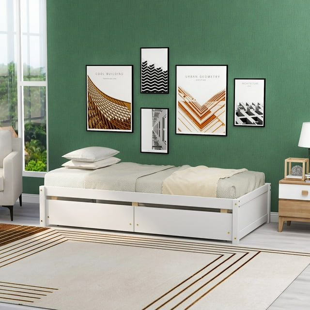 Twin Size Platform Bed with 2 Storage Drawers, Modern Pine Wood Low Bed Frame with Wood Slats Support, Leisure Storage Bed for Living Room, Bedroom, Apartment, No Box Spring Needed, White