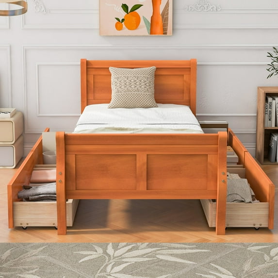 Twin Size Platform Bed with 4 Drawers, Wooden Sleigh Bed with Streamlined Headboard & Footboard, Solid Wood Bed Frame with Slats Support, No Box Spring Needed, Oak