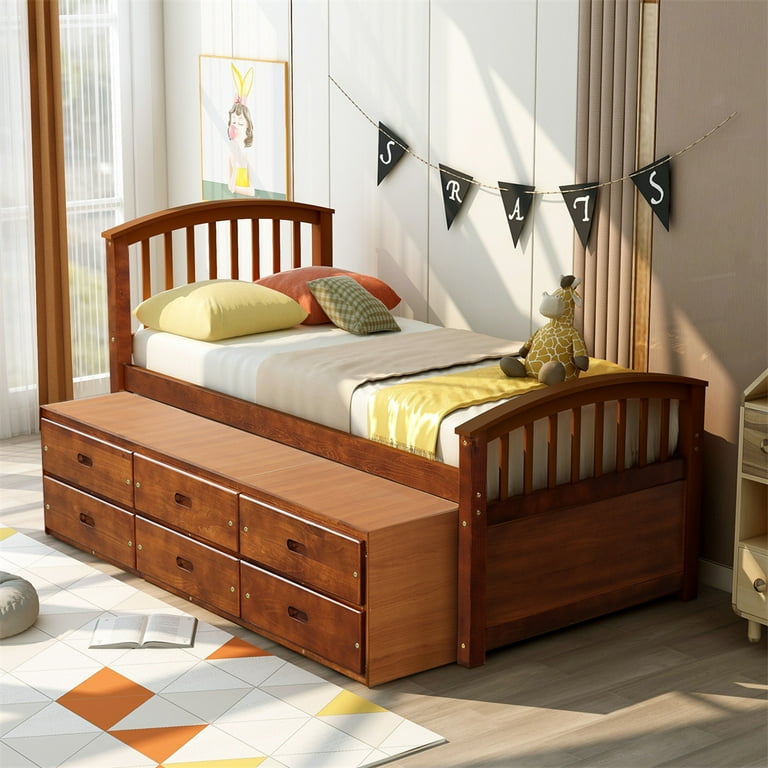 Twin Size Platform Bed with 6 Storage Drawers, Solid Wood