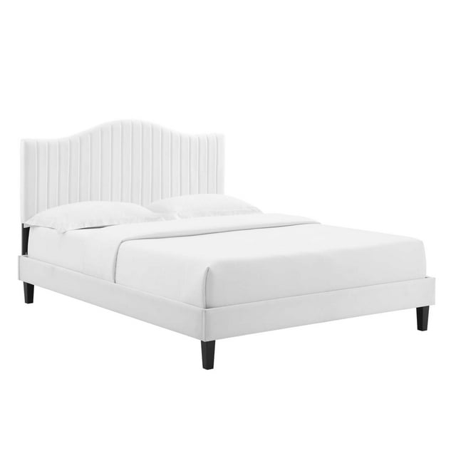 Twin Size Platform Bed Classic White Velvet Camelback Design Headboard