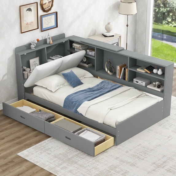 Twin Size Platform Bed, Corner Bed Frame with Bookcase and Storage Drawers, Daybed Storage Bed Bookcase Bed Frame for Living Room Bedroom Guest Room, Grey