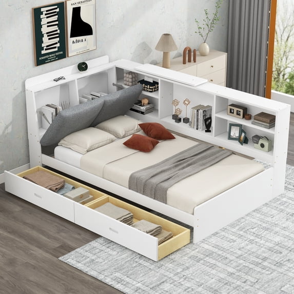 Twin Size Platform Bed, Corner Bed Frame with Bookcase and Storage Drawers, Daybed Storage Bed Bookcase Bed Frame for Living Room Bedroom Guest Room, White