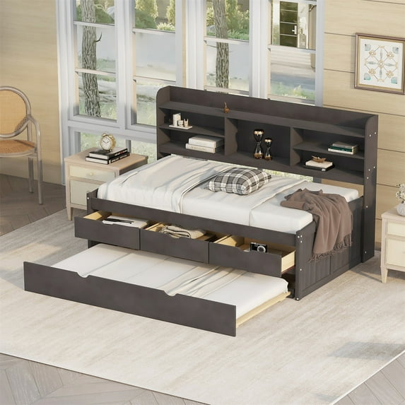 Twin Size Platform Bed Frame with Built-in Bookshelves, Three Storage Drawers and Trundle, Solid Wood Captain Bed with 10 Slats Support for Adults Boys Girls No Box Spring Needed, Antique Natural
