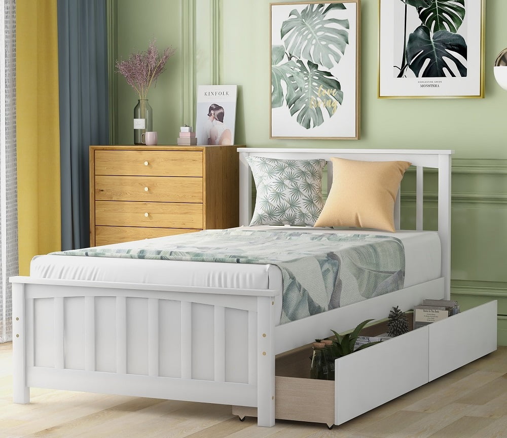 Twin Size Platform Bed Frame with Drawers, SEGMART Wooden Twin Bed ...