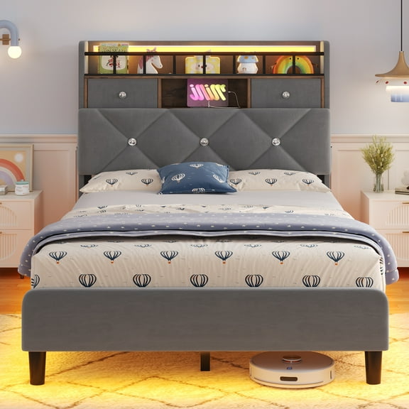 Twin Size Platform Bed Frame with LED Light and Charging Station,Velvet Upholstered Headboard with Hidden Storage,with 2 Drawers & Storage Shelves,Grey