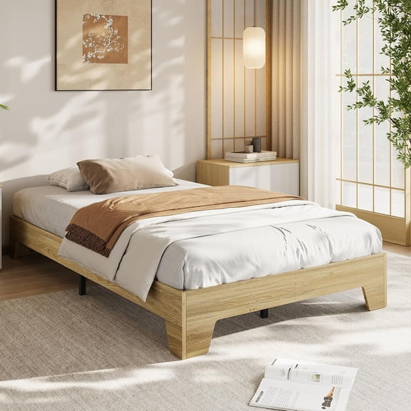 Twin Size Platform Bed Frame, Minimalist Wood Bed Frame No Headboard Needed, Sturdy Low Profile Bed with Natural Wood Grain, Noise-Free & Easy Assembly