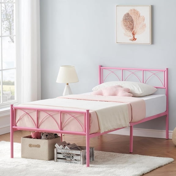 Twin Size Platform Bed Frame, Pink Twin Metal Bed Frame, Heavy Duty Base Bed Frame with Headboard and Footboard, Steel Slat Support, No Box Spring Needed, Easy to Assemble