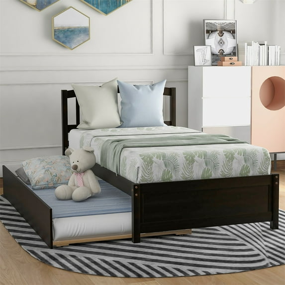 Twin Size Platform Bed Frame with Trundle,Solid Wood Bed Frame with Headboard and 10 Wood Slats Support for Kids Teens Adults,No Box Spring Needed,Easy Assembly(Espresso)