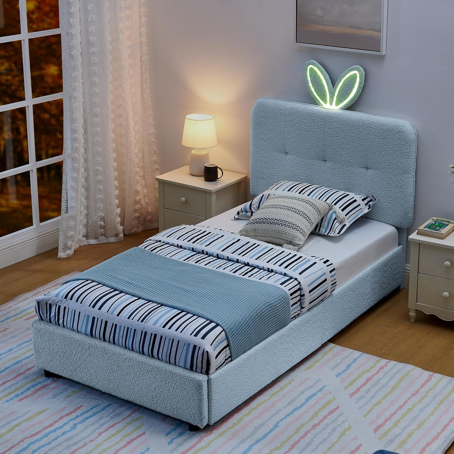 Twin Size Platform Bed Frame, Upholstered Bed Frame with Rabbit Ear Headboard, Boucle Montessori Beds with LED Lights & Bluetooth Music, for Bedroom, Apartment, Easy Assembly, Light Blue
